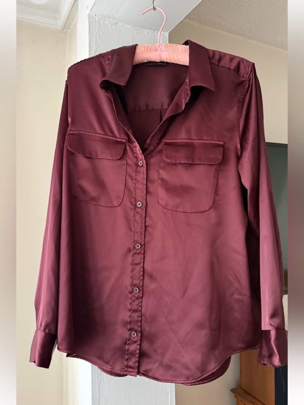 Alfani Women's Satin Button-Down Shirt - Burgundy XL